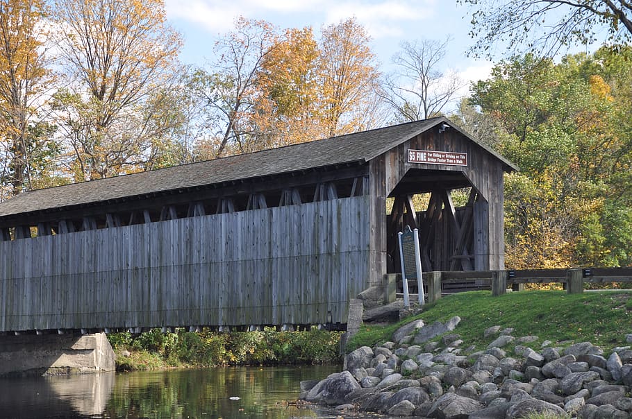 covered bridge, river, water, nature, sky, architecture, stream HD wallpaper