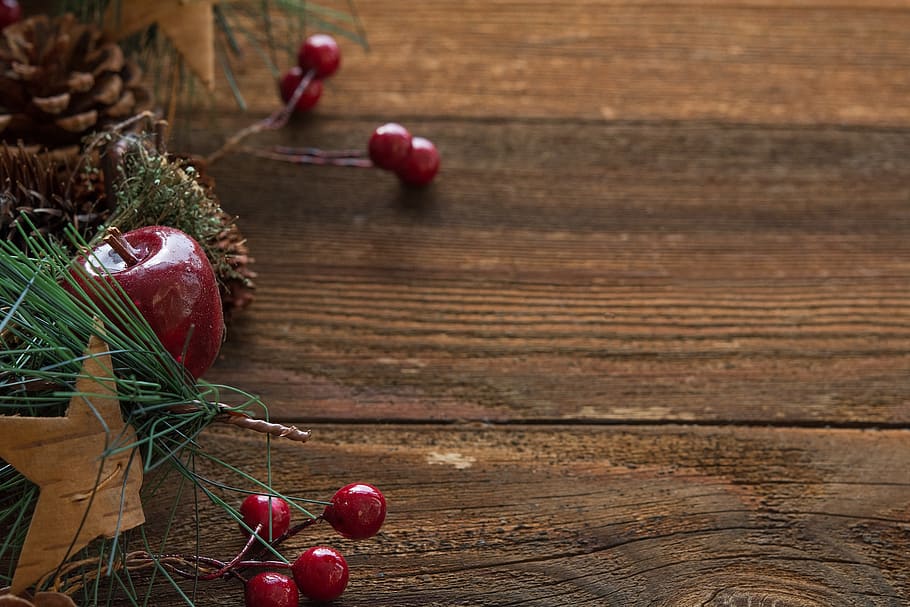 Apple and Cherry Fruits on Wood Plank, advent, background, brown HD wallpaper