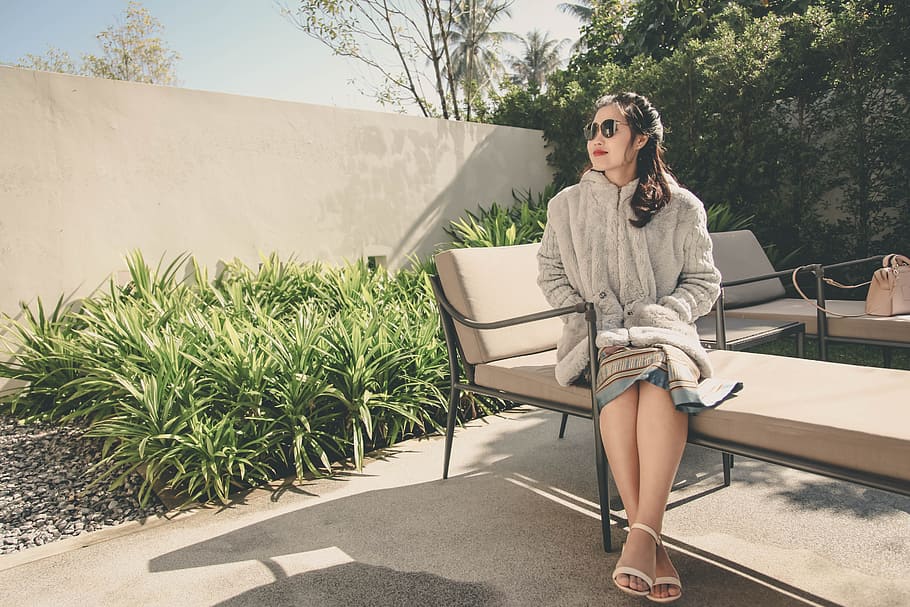 Woman Wearing Hoodie Sitting on Lounge Chair, beautiful, chairs HD wallpaper