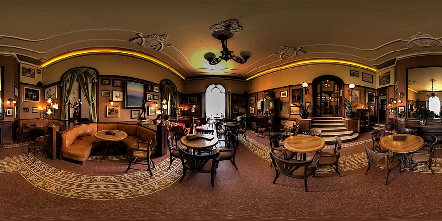 360 view photography of brown restaurant's interior view, chair, HD wallpaper