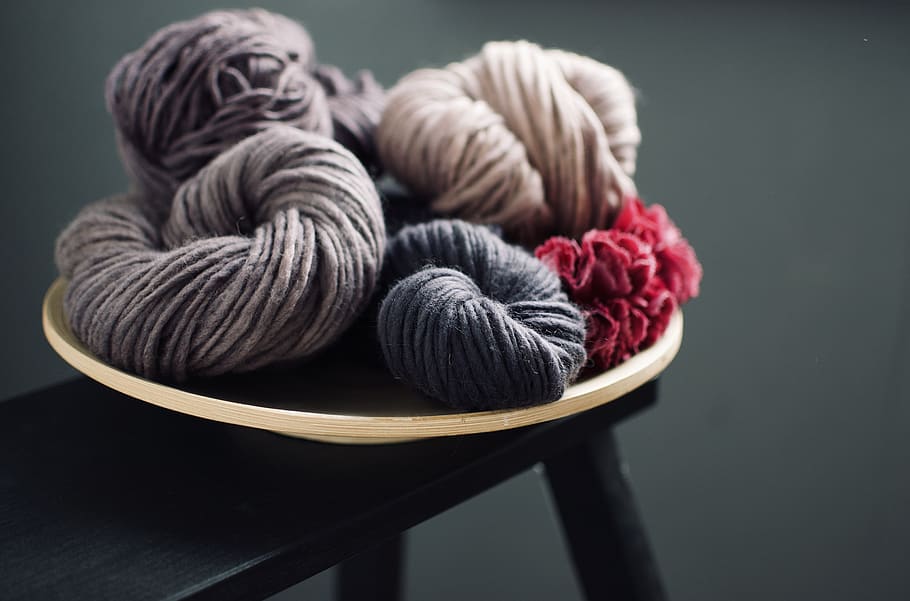 black and brown yarn, wool, knitting, purple, merino, linen, home decor