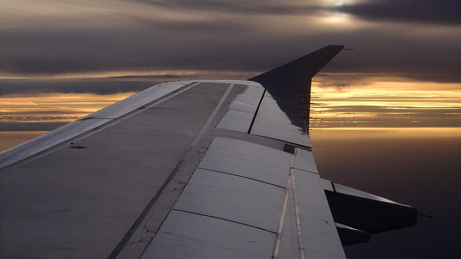 wing, sky, sunset, grey, golden, cloudscape, cloud - sky, airplane HD wallpaper