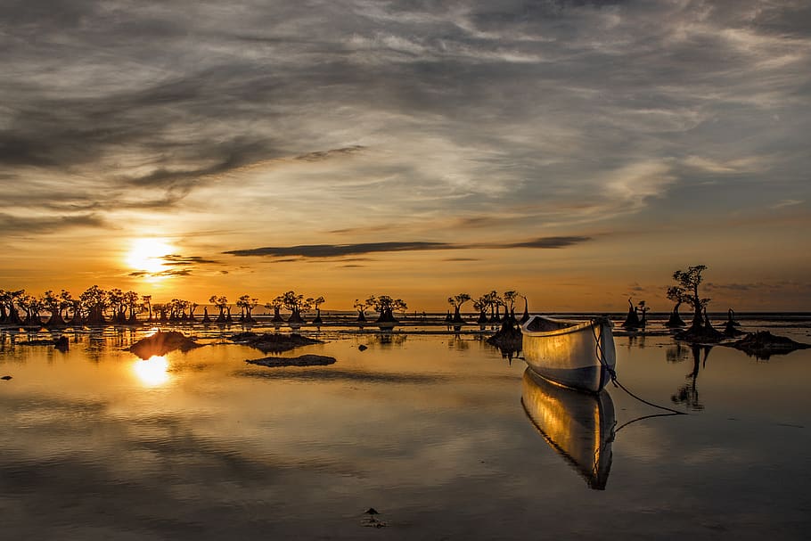 Wooden Boat on Water Under Golden Sky, beach, clouds, dawn, evening HD wallpaper