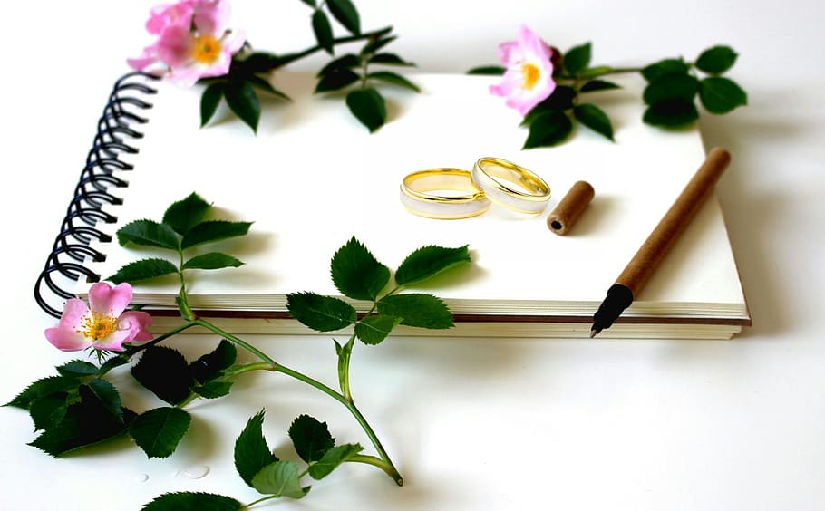 Scene with flowers, blank notebook and wedding rings. Wedding journal, guestbook., HD wallpaper