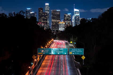 cityscape at nighttime, road, highway, train, vehicle, transportation HD wallpaper