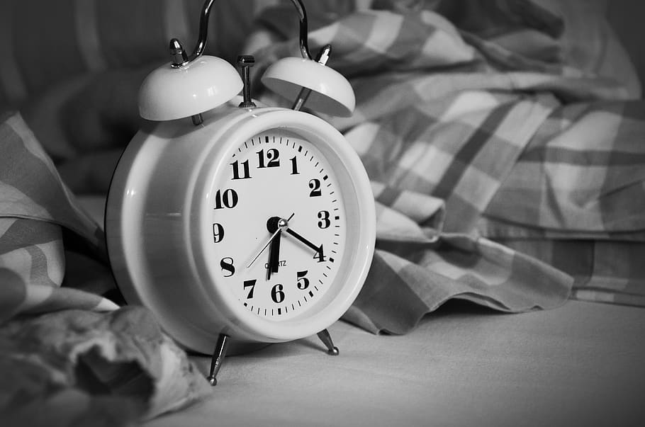 White Alarm Clock on Bed, Analogue, bedroom, black-and-white, HD wallpaper