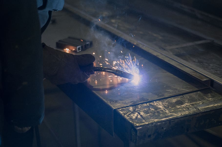 gray welding equipment, building, human, person, factory, manufacturing HD wallpaper