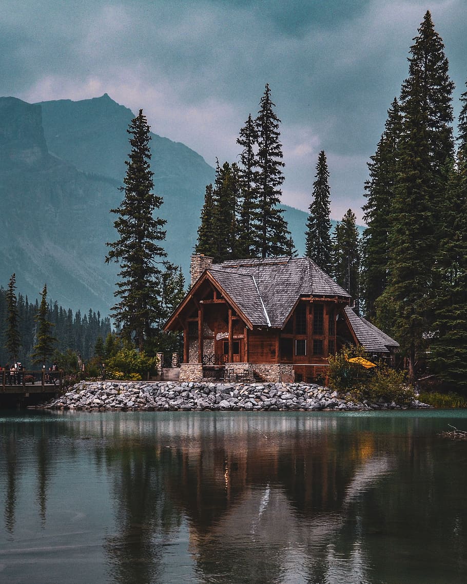Photo of Wooden House Near Lake, cabin, chalet, conifers, environment, HD wallpaper