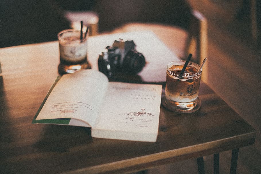 Opened Book Near Glasses, beverage, drinks, page, table, indoors HD wallpaper