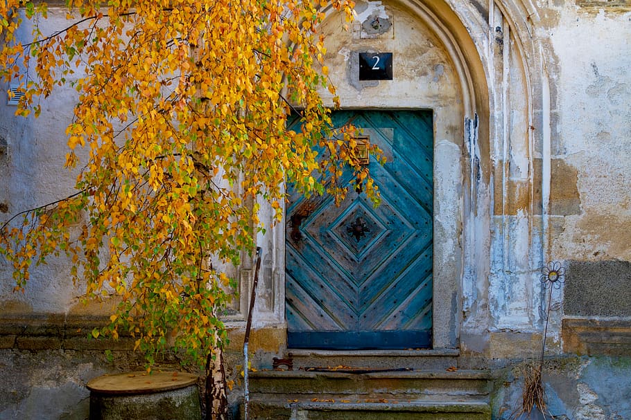 facade, door, old, blue, autumn, leaves, architecture, house HD wallpaper