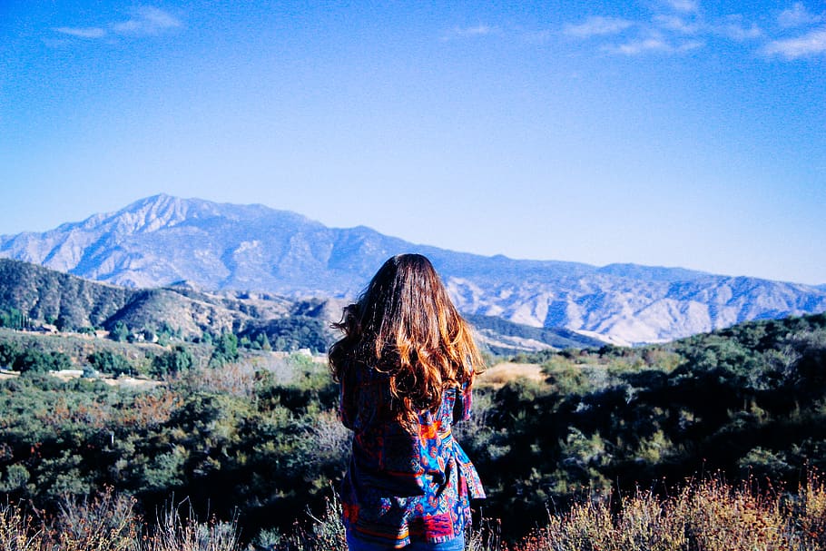 Woman Wearing Blue Clothes at Daytime, adventure, back view, beautiful HD wallpaper