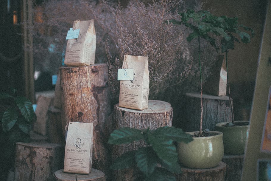 Photo of Three Brown Packs of Coffee on Wood Logs, art, blur HD wallpaper