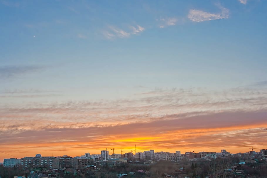 blue, building, clouds, cloudscape, horizon, sky, skyline, town HD wallpaper