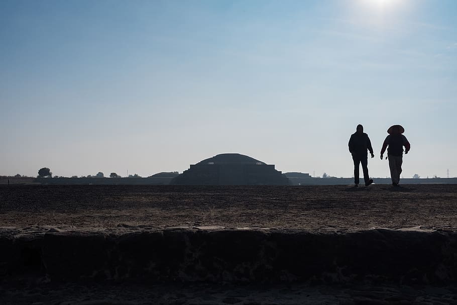 pyramide, mexico, sky, walk, ancient, ruins, stone, real people HD wallpaper