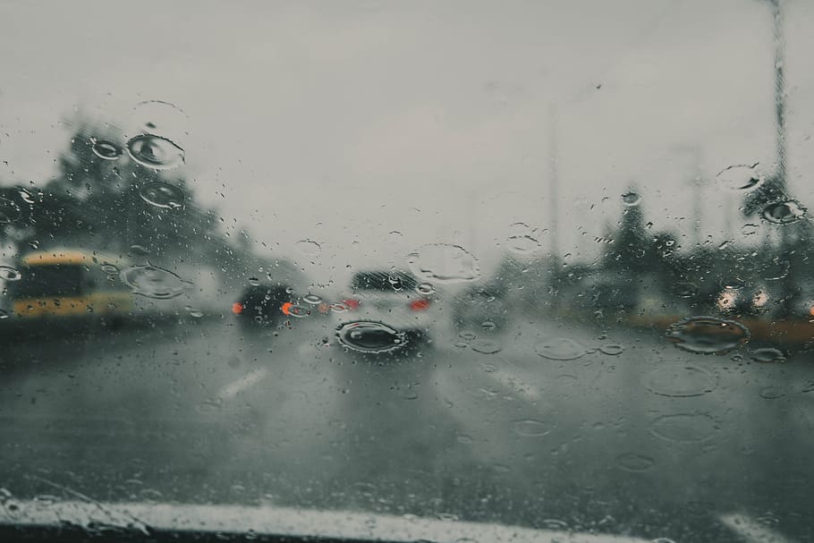 raindrop, windshield, street, rainy, car, driving, drive, grey HD wallpaper