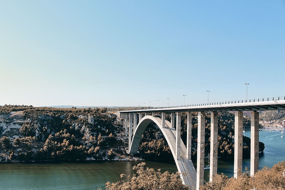 long bridge under blue sky, building, architecture, arched, arch bridge HD wallpaper