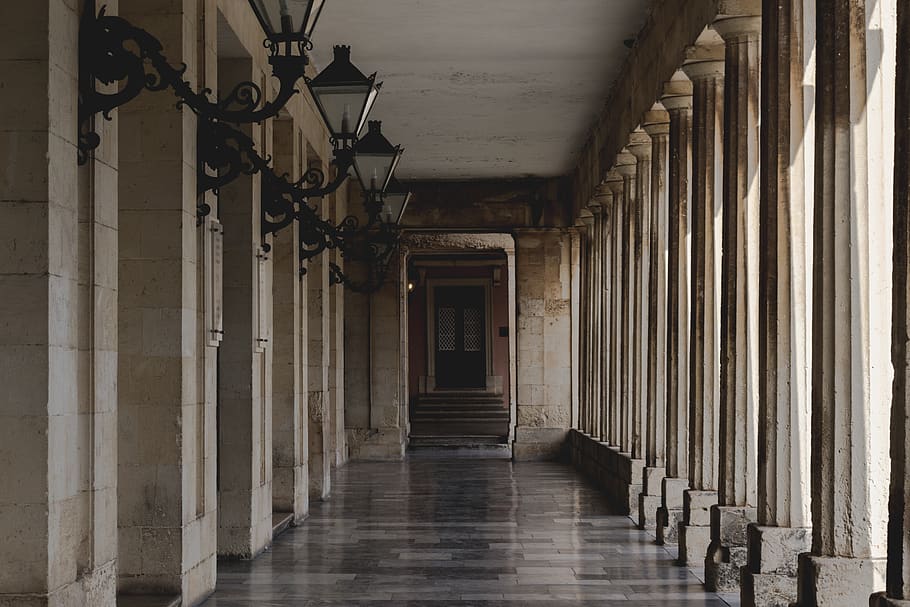 greece, corfu, pillars, perspective, light, dark, architecture HD wallpaper
