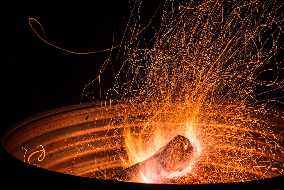 fire, logs, nature, long exposure, night, motion, heat - temperature HD wallpaper