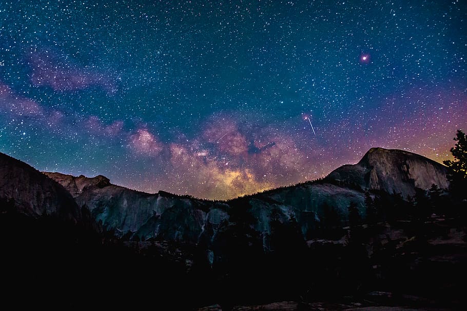 mountain covered by trees, star - space, astronomy, beauty in nature HD wallpaper