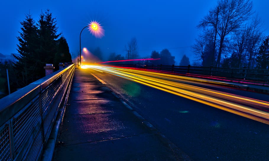 road, bridge, cars, lightrails, lights, stream, night, fog, HD wallpaper