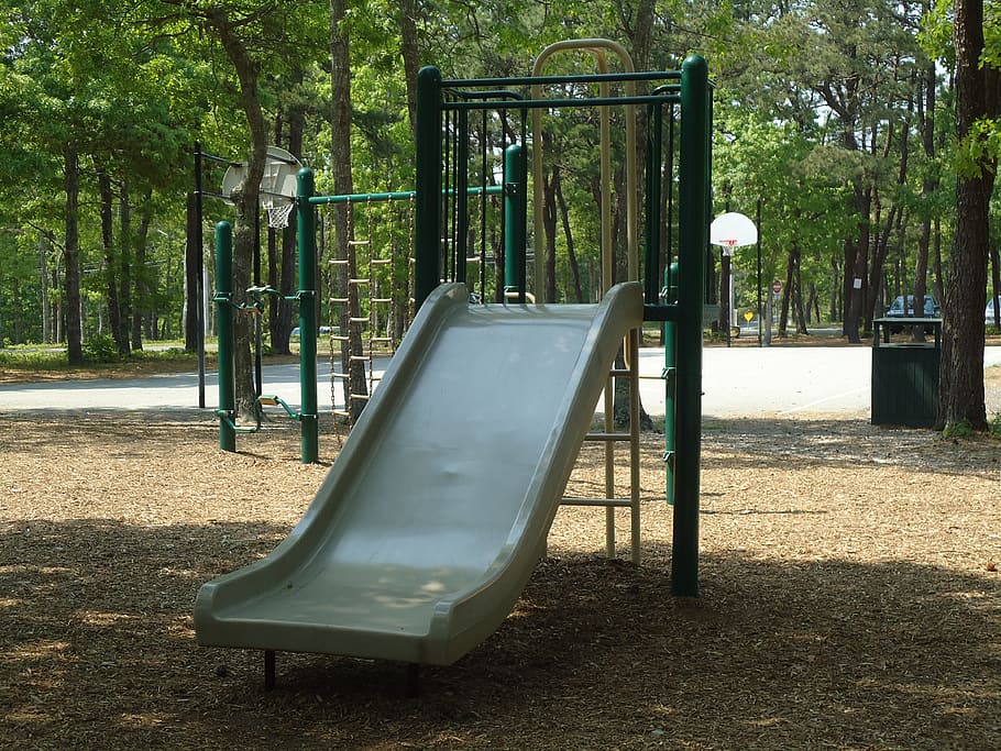 slide, childrens, playground, trees, plant, nature, day, park, HD wallpaper