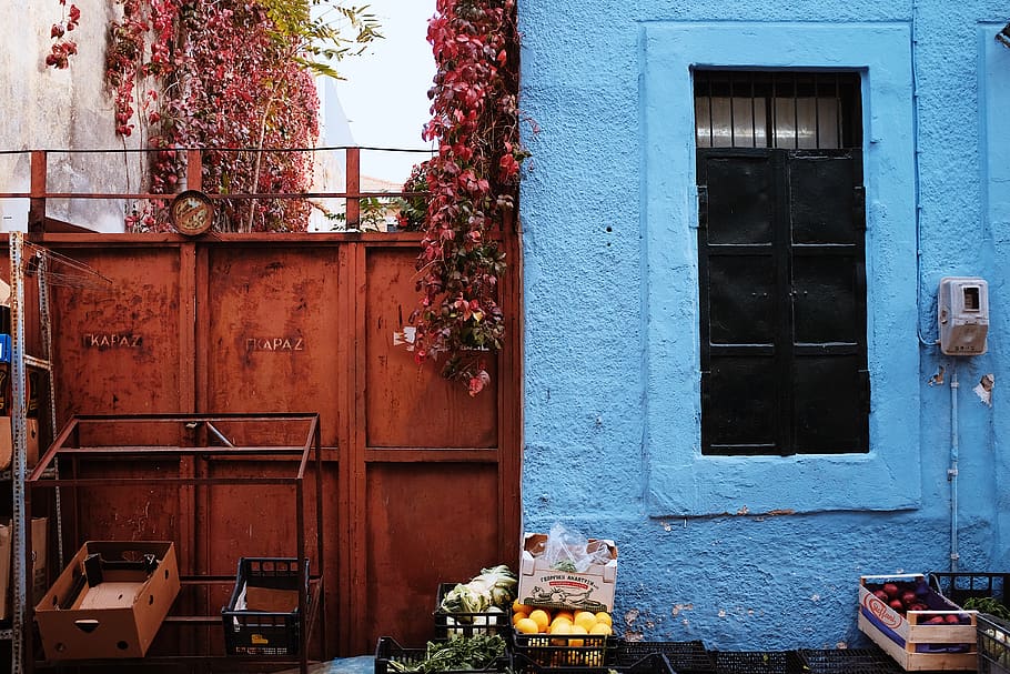 greece, chios island, blue, orange, colors, wall, window, winter, HD wallpaper