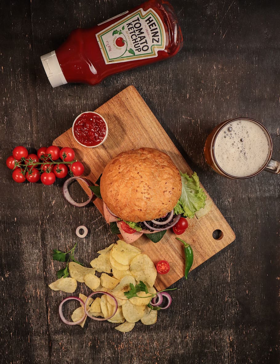 food, burger, ketchup, chips, bread, bun, relish, pancake, meatball HD wallpaper
