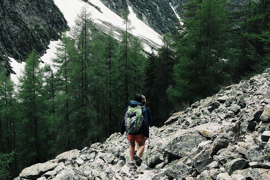 Person Walking on Rocky Road, adventure, backpack, backpacker HD wallpaper
