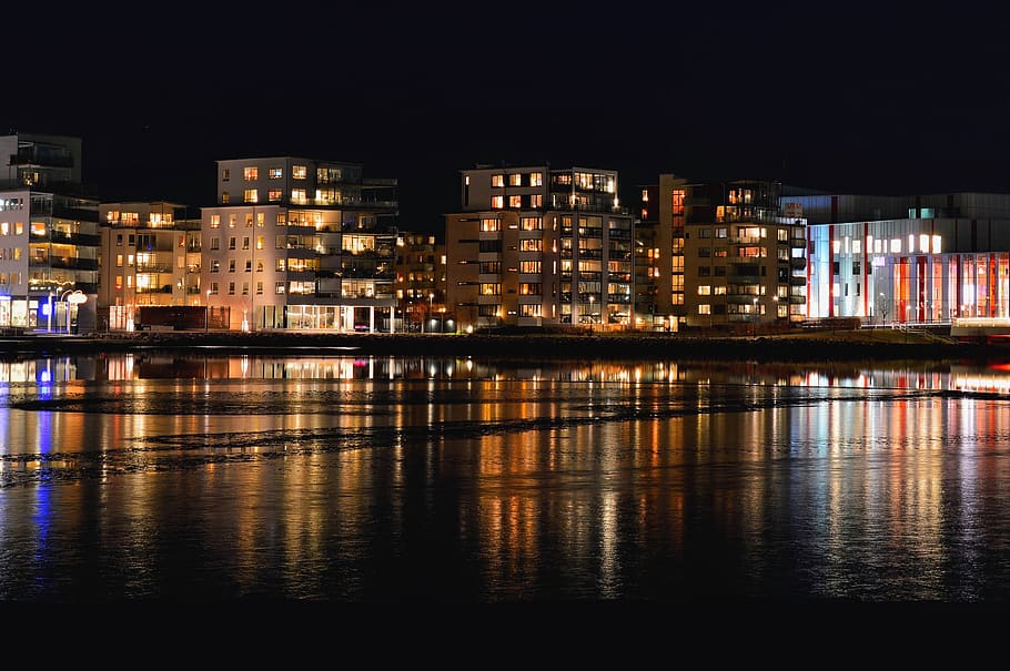 sweden, jönköping, city, light, lights, reflection, water HD wallpaper
