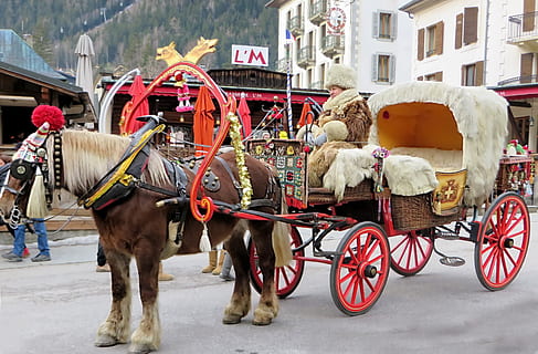 chamonix, carriage, hitch, traffic, horse, drawn, taxi, rays HD wallpaper