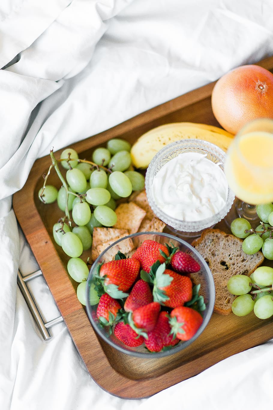 variety of fruits with dip on tray, grape, banana, orange, strawberry HD wallpaper