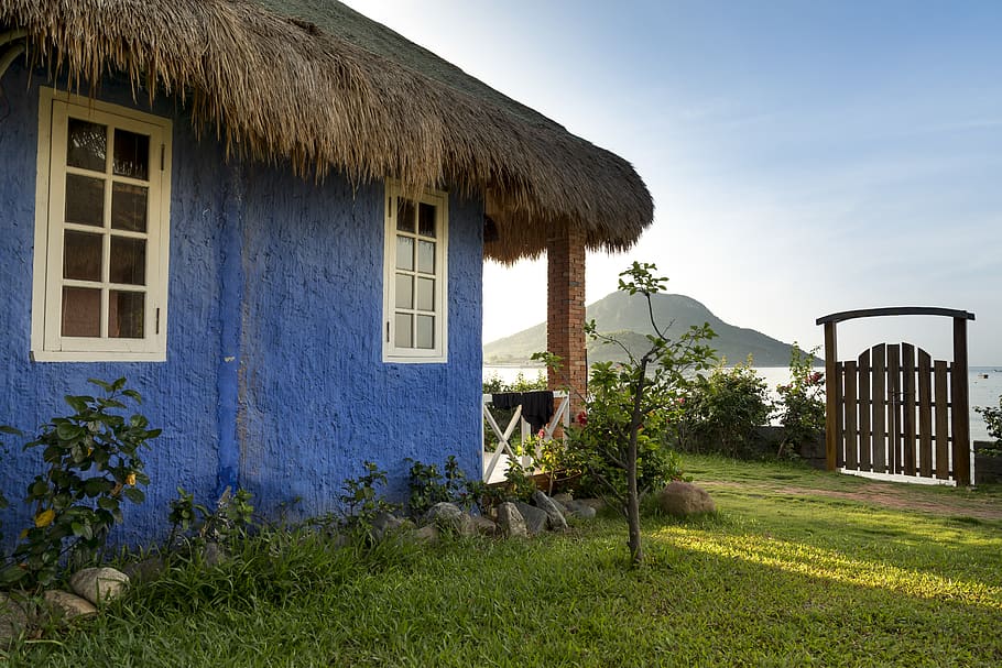 Blue Painted House With Hay Roofing, architecture, building, bungalow HD wallpaper