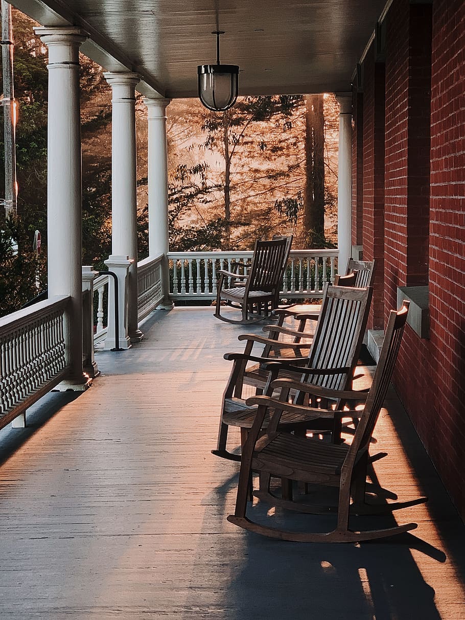 empty rocking chairs by porch, seat, architecture, indoors, absence, HD wallpaper
