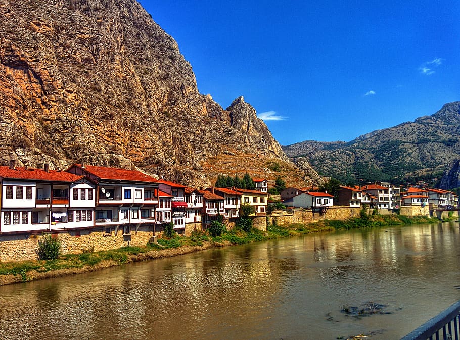 turkey, amasya merkez, hızırpaşa mahallesi, river, houses