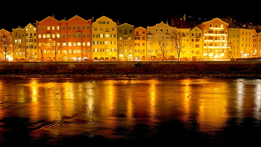 austria, innsbruck, illuminated, reflection, architecture, night HD wallpaper