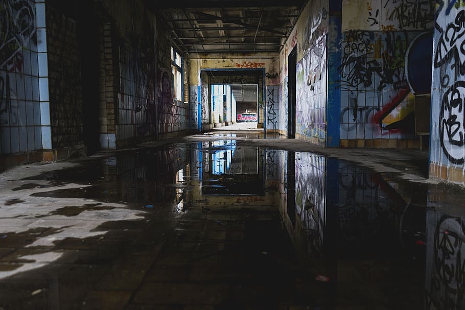 lost place, abandoned, graffiti, color, reflection, water, spray HD wallpaper