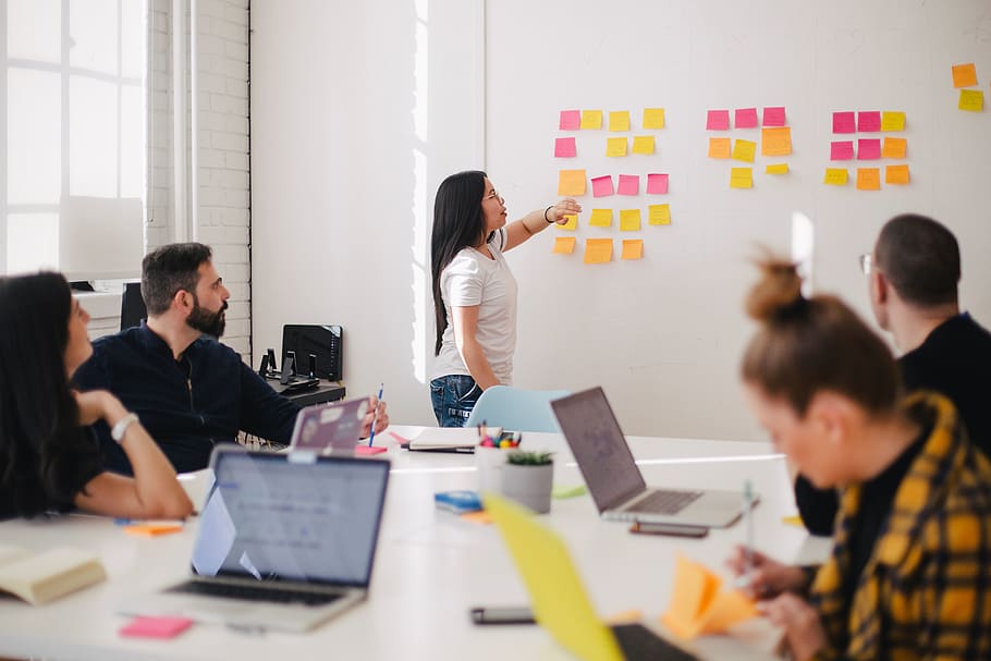 woman placing sticky notes on wall, office, business person, working HD wallpaper