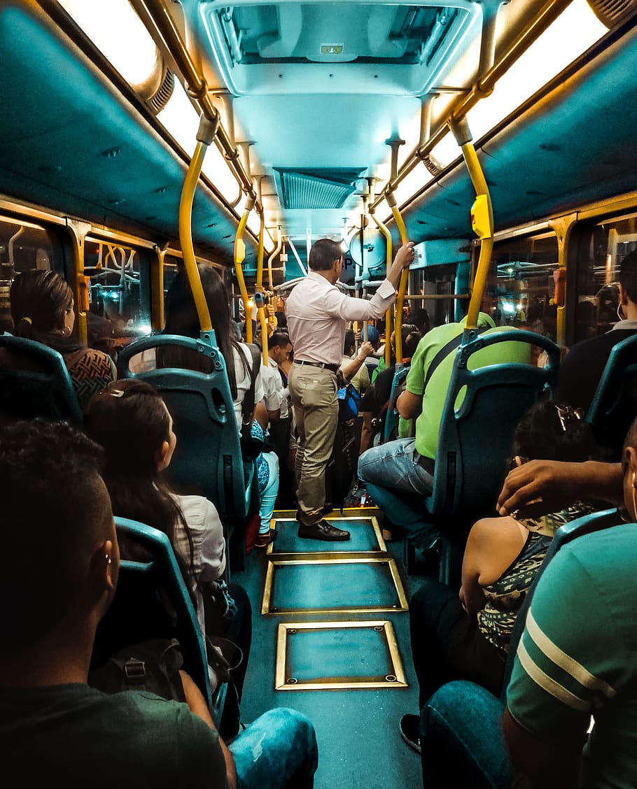 people inside bus, transportation, person, human, passenger car