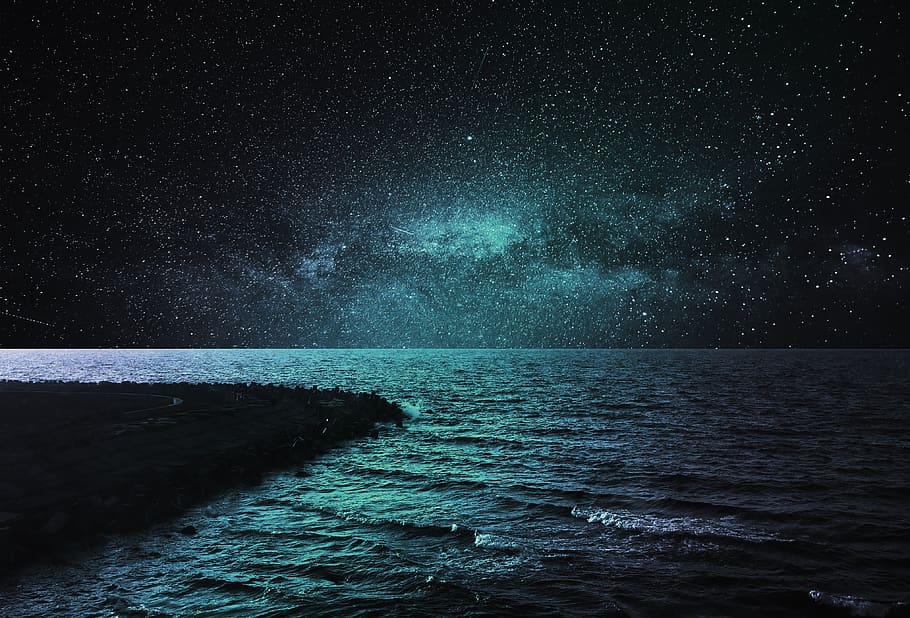 sea, water, blue, galaxy, stars, night, quite, magic, air, ocean, HD wallpaper