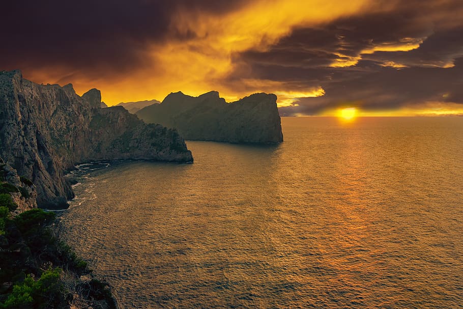 landscape, sea, mountain, sunset, sky, clouds, storm, water HD wallpaper