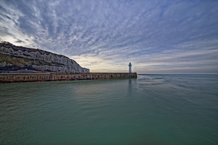lighthouse beside sea, seascape, coast, cloud, ocean, beach, sky HD wallpaper