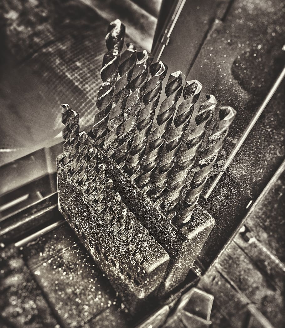 tool, drill, box, diy, drilling, dirt, black-and-white, work HD wallpaper