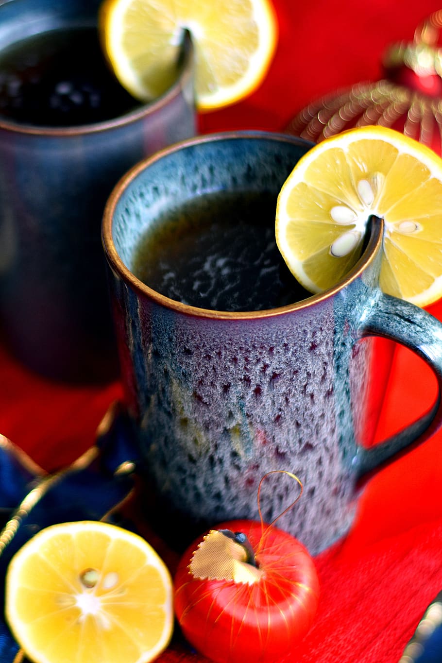 tea, herbal, lemon, slice, mug, cup, blue mug, drink, healthy HD wallpaper