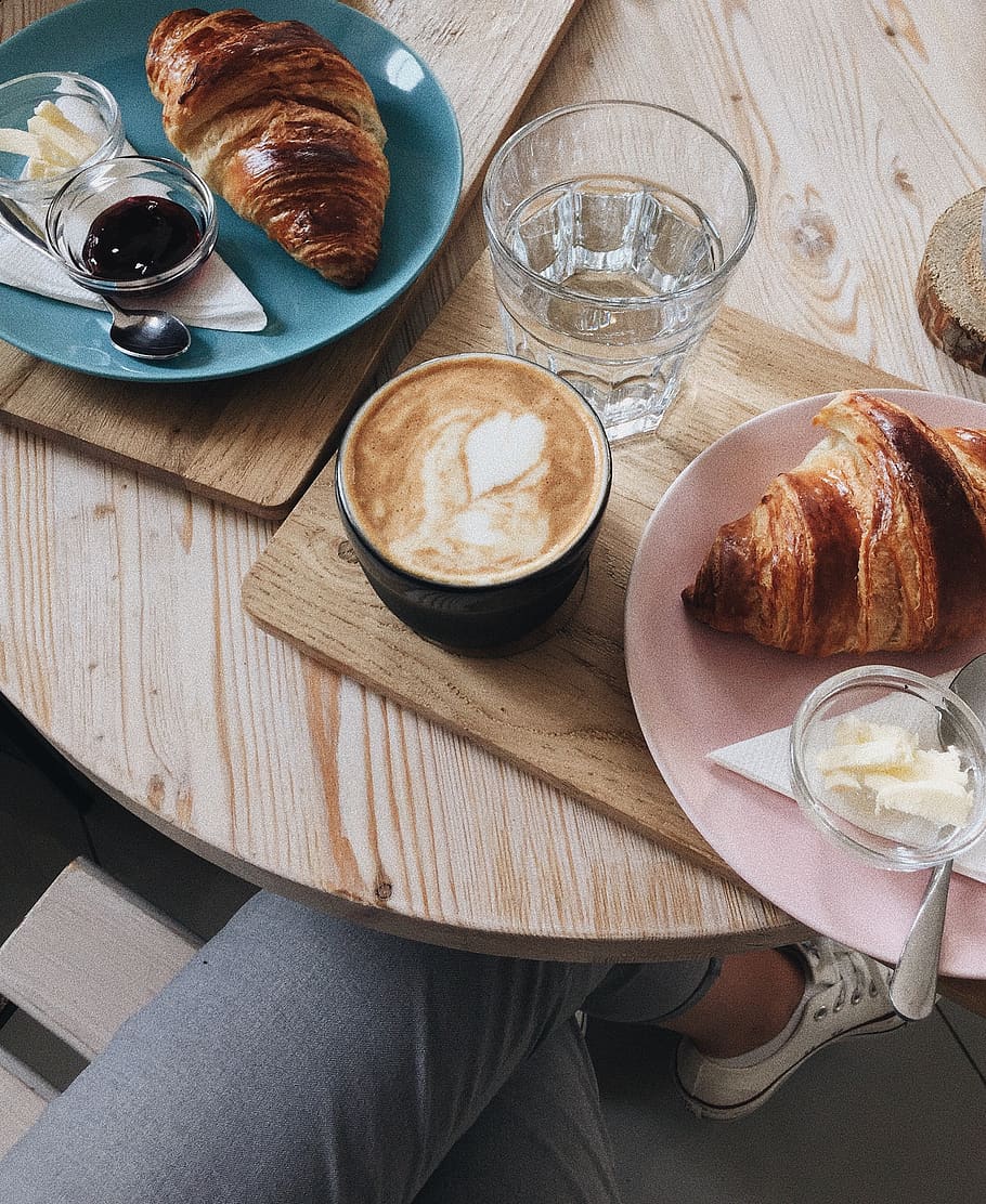 Cup of Latte Between Baked Bread Served on Plate, butter, caffeine HD wallpaper