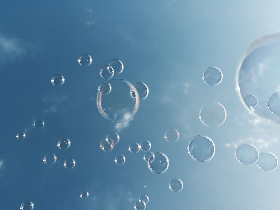 sky, soup bubble, mid-air, vulnerability, fragility, blue, nature HD wallpaper