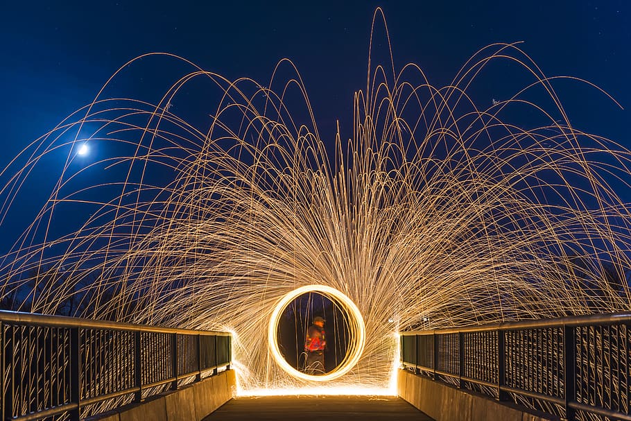 canada, calgary, fire, sparks, night, light painting, fireworks HD wallpaper