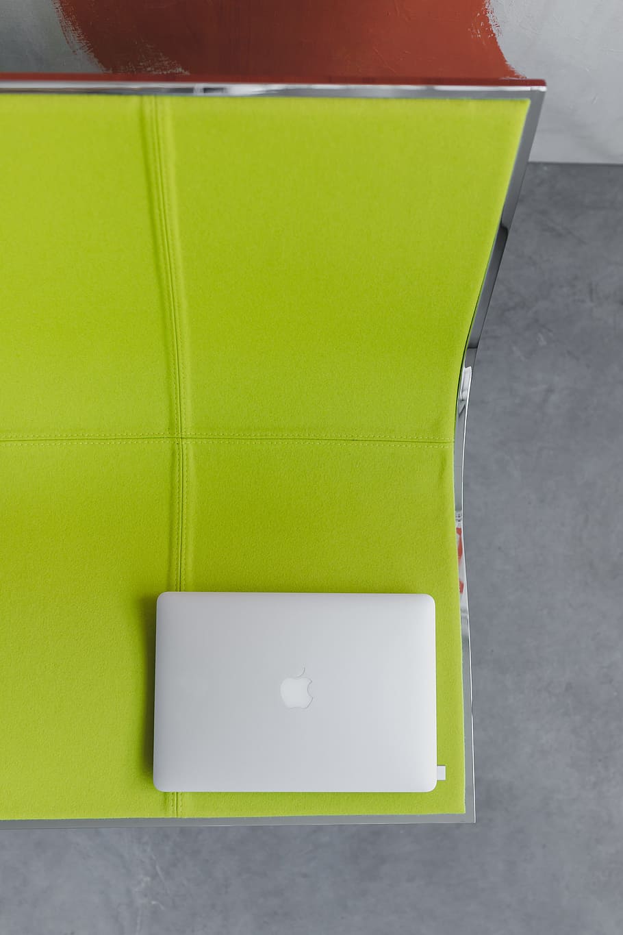 View from above at the laptop on the lime chair, computer, yellow HD wallpaper