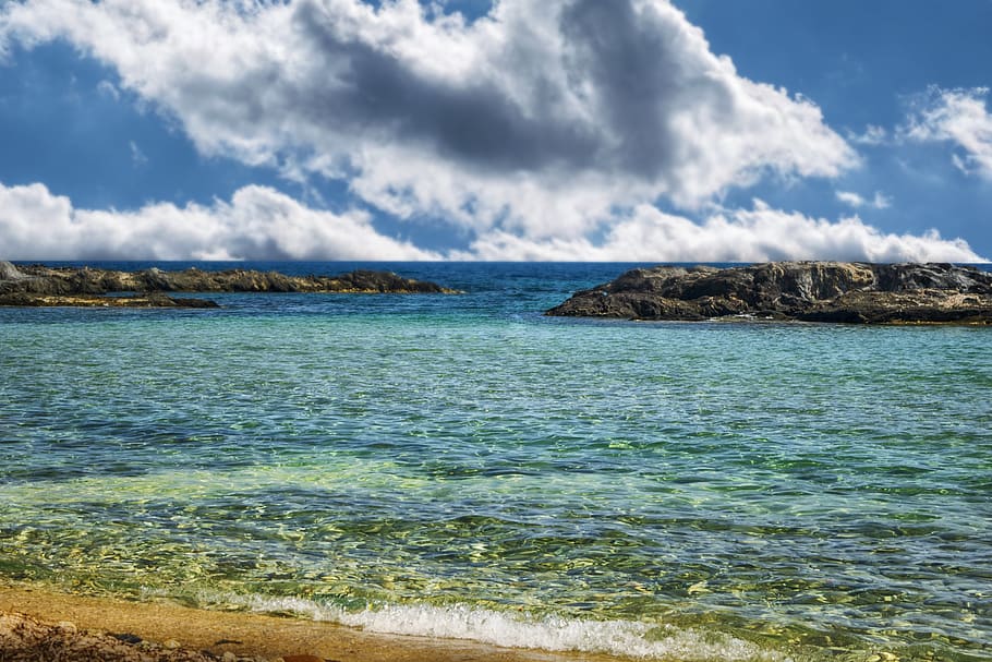 beach, sea, sand, sky, costa, clouds, marina, landscape, waves HD wallpaper