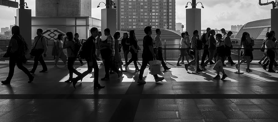 grayscale photography of people walking on floor, person, human, HD wallpaper