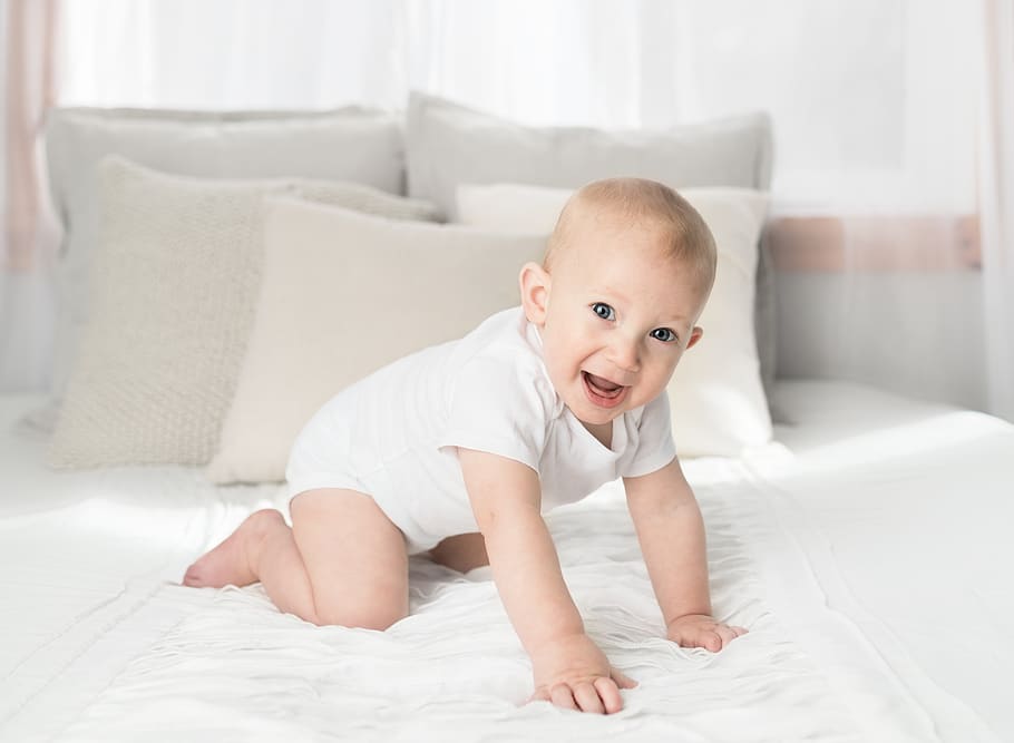 Baby On Bed, bedroom, boy, child, cute, kid, person, smiling, HD wallpaper